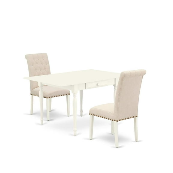 East West Furniture 1MZBR3-LWH-02 3Pc Dining Table Set Contains a Kitchen Table and 2 Parsons Chairs with Light Beige Color Linen Fabric, Drop Leaf Table with Full Back Chairs, Linen White Finish