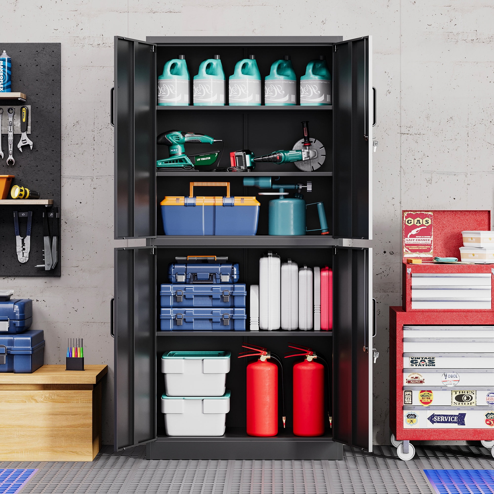 STANI Metal Tools Storage Cabinet, Black Garage Utility Cabinet,4 Doors & 3 Adjustable Shelves, Steel Locker with Lockable Door for Office, Home, Pantry
