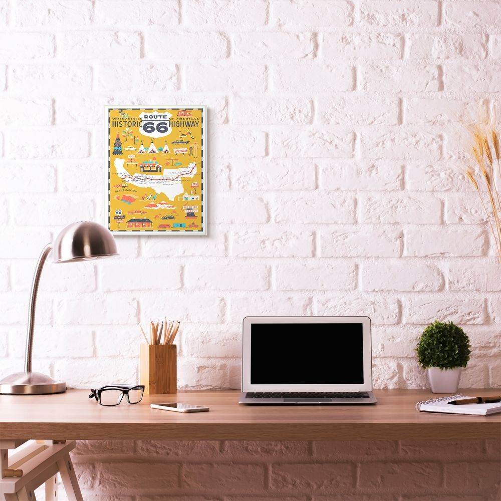 The Stupell Home Decor Collection US Route 66 Historic Highway Mustard Yellow Illustrated Scenic Map Poster Canvas Wall Art