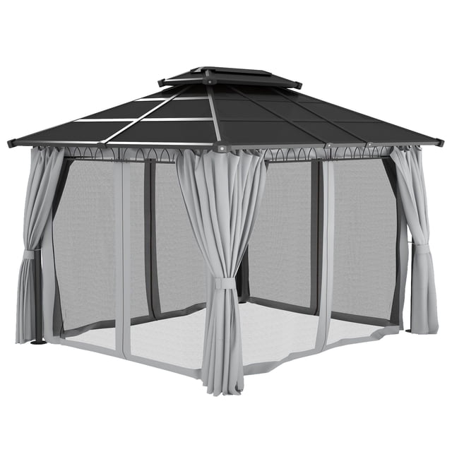 Gazebo Extérieur à Toit Rigide 10 Pieds x 12 Pieds avec Double Toit en PC, Cadre en Acier et Aluminium, Moustiquaire et Rideaux, Auvent Résistant aux Intempéries pour Jardin, Patio, Pelouse et Cour Arrière, Gris