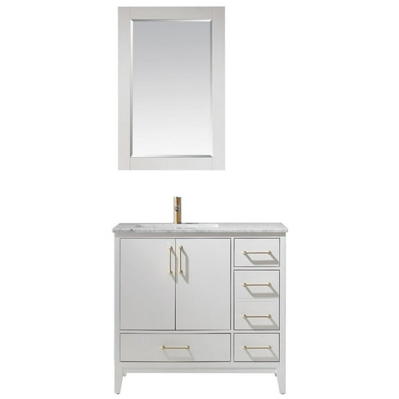 Sutton 36" Carrara White Marble Countertop Single Vanity w/Mirror White