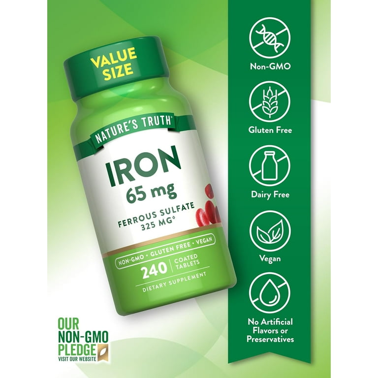 Nature's Truth Iron Tablets 65mg Ferrous Sulfate 240 Count Vegan