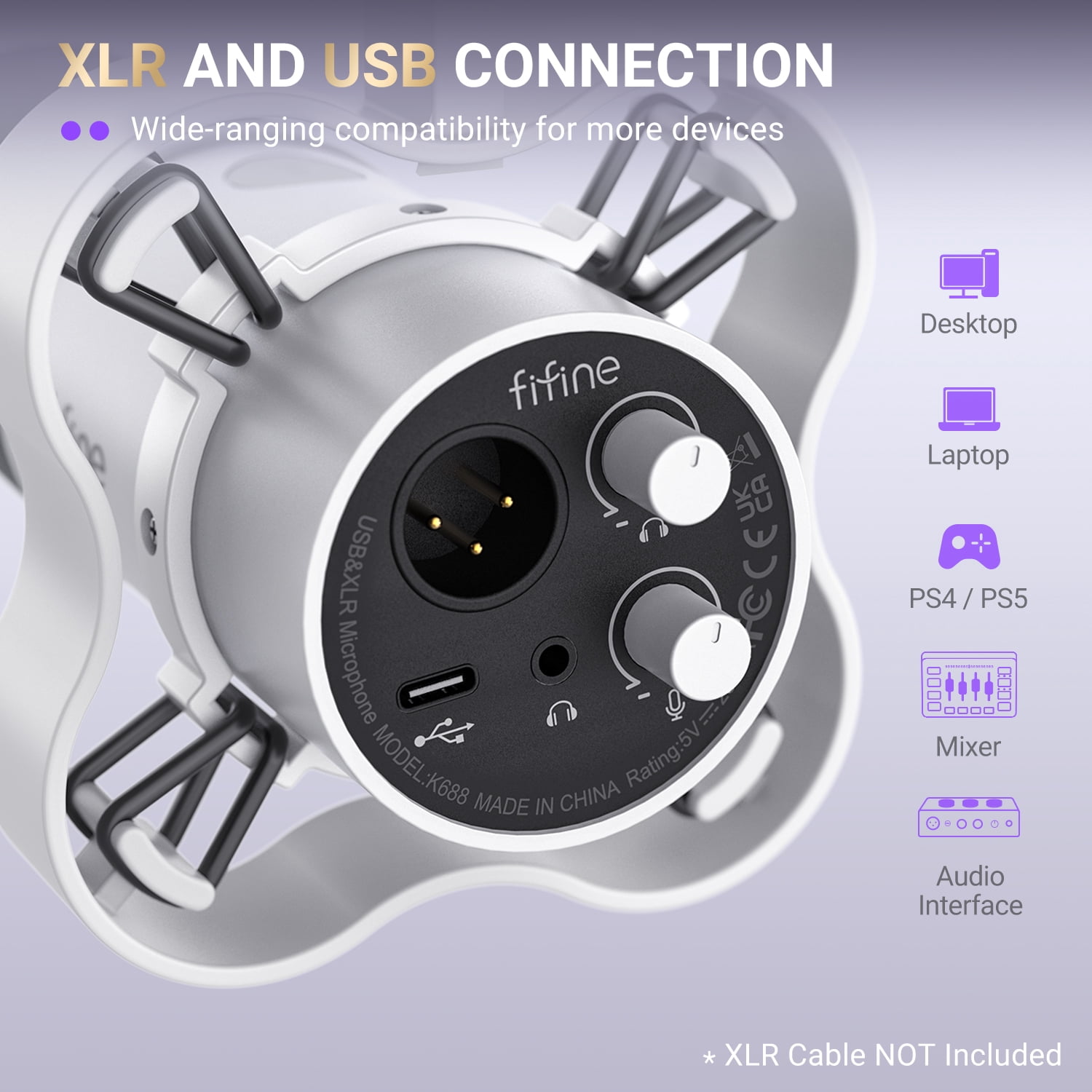 FIFINE K688 Podcast Dynamic Microphone with Boom Arm Stand, XLR USB Studio Microphone Kit for PC Computer, Gaming Mic with Clear Voice, Mute Button, Headphone Jack for Recording, K688CTW