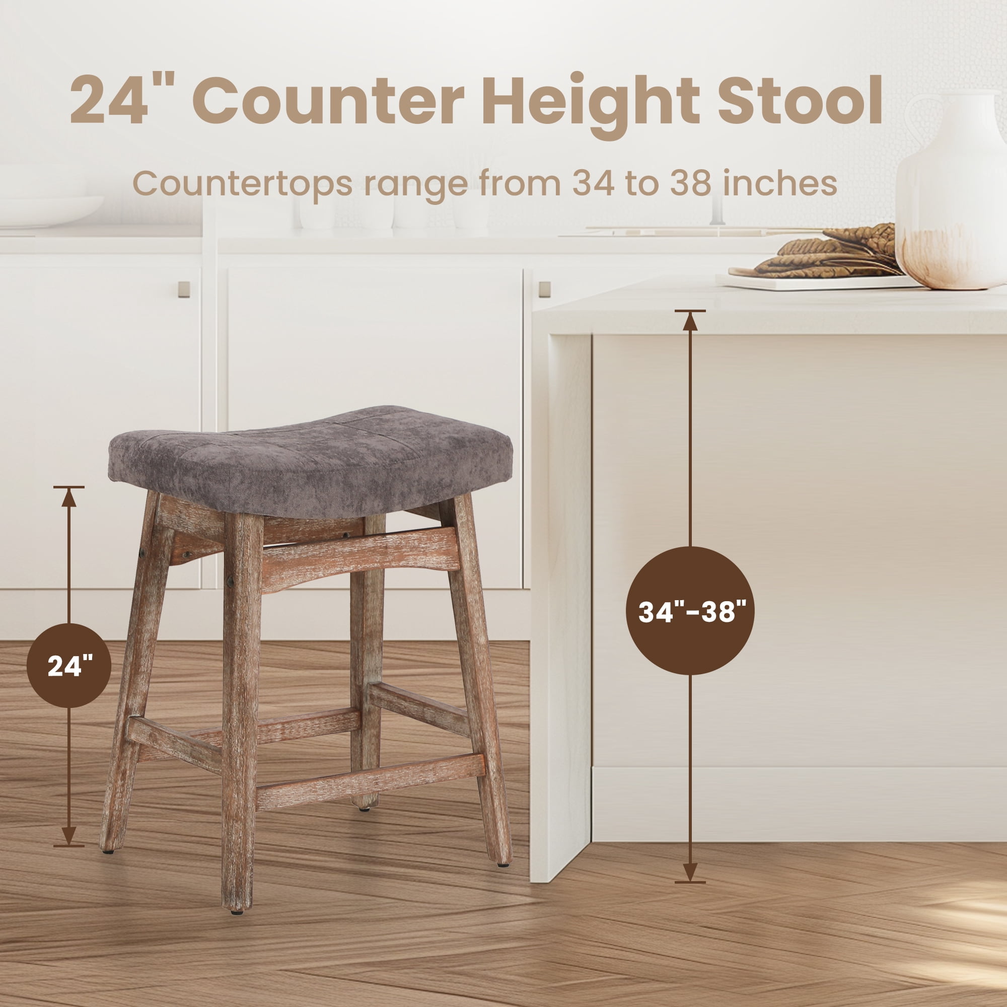 Summit Living 24 inch Wooden Counter Stool Set of 4, Backless Saddle Linen Bar Stool for Kitchen, Gray