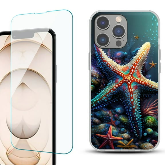 OneToughShield ® for iPhone 15 Pro Max Shockproof Fashion Phone Case, with Tempered Glass Screen Protector - Starfish