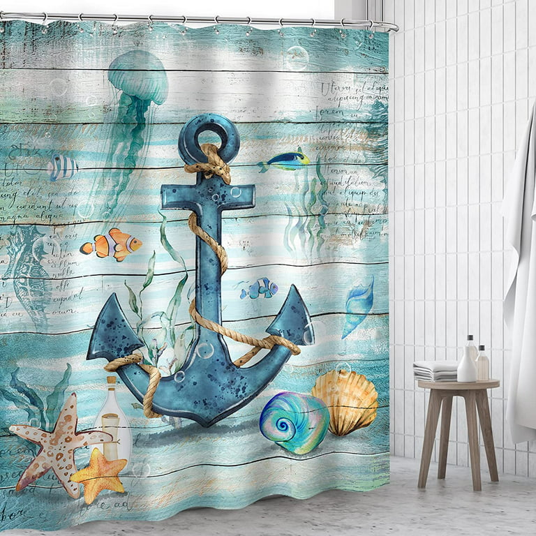 Sonernt Coastal Anchor Shower Curtain 72x72 Inch Beach Theme Starfish  Seashell Nautical Rustic Ocean Sea Blue Wooden Vintage Retro with 12  Plastic