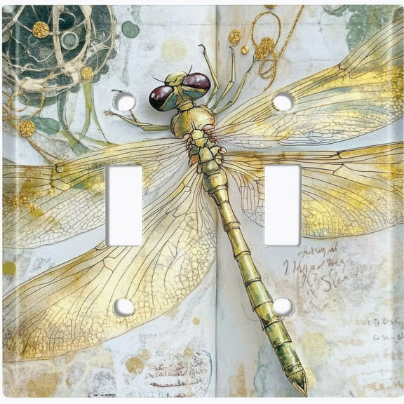 Metal Light Switch Wall Plate Outlet Cover (Printed Image of Vintage Golden Dragonfly - Double Toggle)