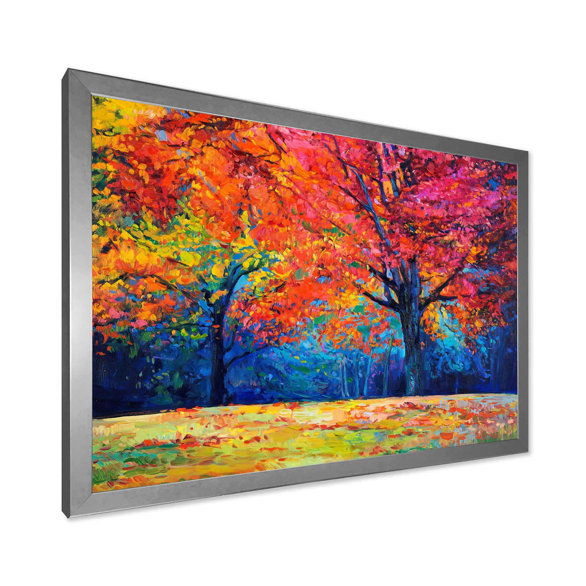 Designart 'Abstract Vibrant Red Tree In Autumn Landscape' Traditional Framed Art Print