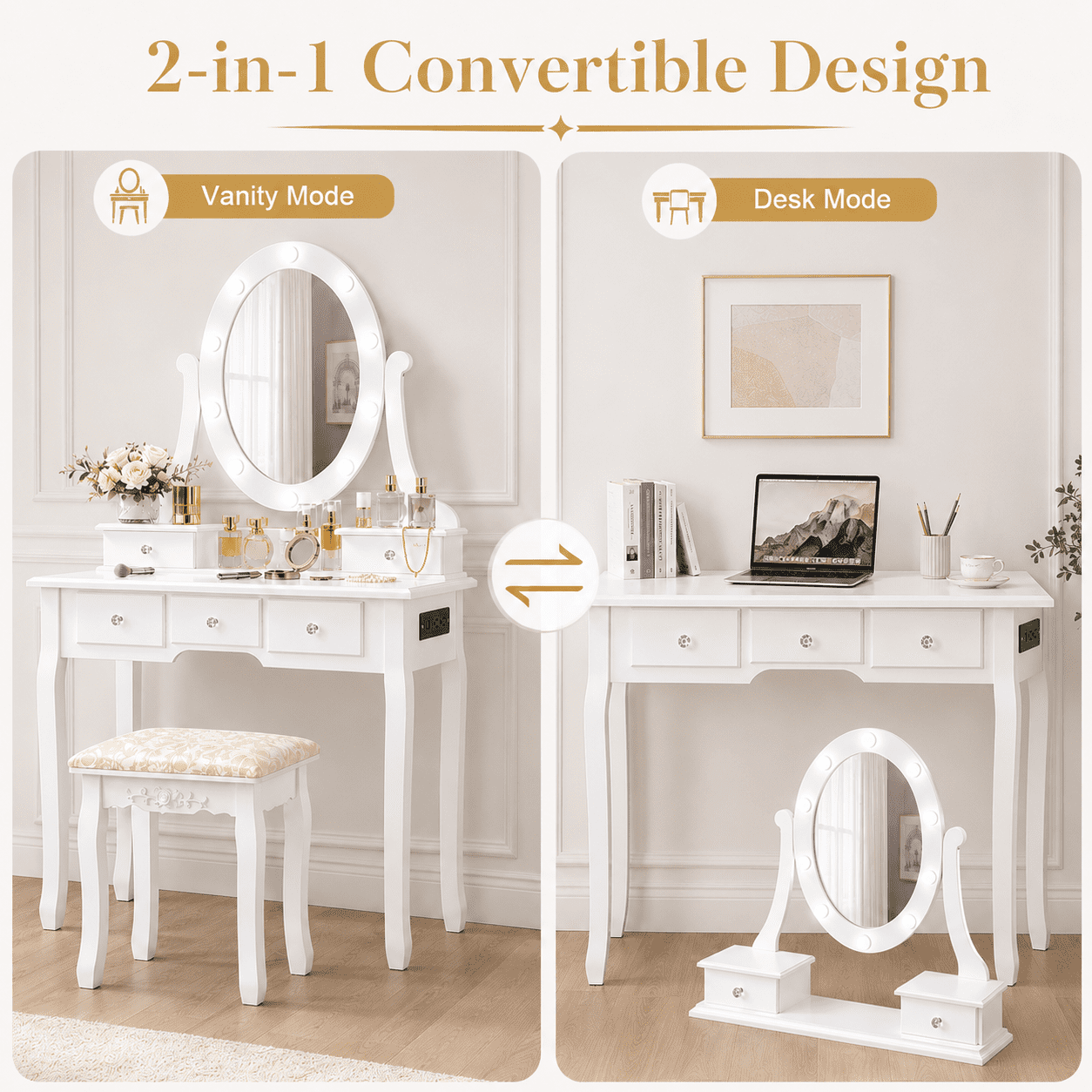 Ktaxon Makeup Vanity Table with 3 Color Lights, 5 Drawers Makeup Dressing Desk with USB Charging Station, Bedroom Vanities Set, White