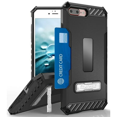 Case for iPhone 8 Plus, Black Tri-Shield Rugged Cover [with Kickstand + Credit Card Wallet Slot + Wrist Strap] for Apple iPhone 8 Plus, iPhone 7 Plus