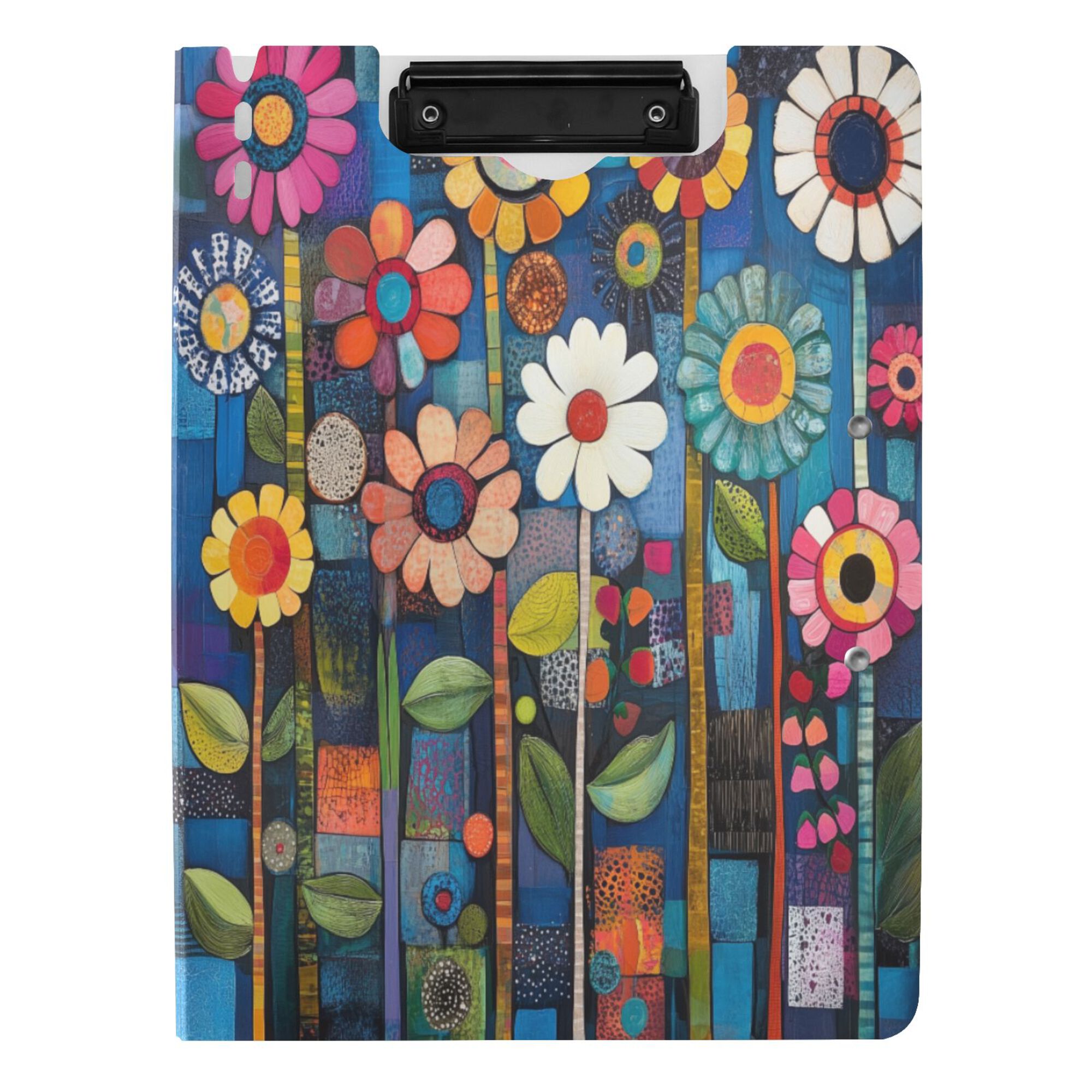 FORMRS A4 Clipboard Folder with Pen Holder Horizontal Foldable School Office Binder, Blue Colorful Flowers