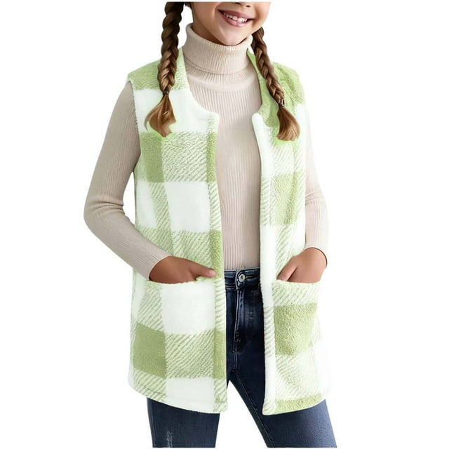 Zecgelong Gilet en Molleton Réversible pour Filles, Décontracté, Col Rond, Sans Manches, Veste avec Poche, Doux et Chaud, Vêtement d'Extérieur pour Tout-Petits, Enfants, Jeunes Filles, Hauts Courts, Taille 11-12 Ans