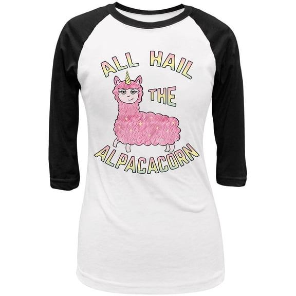 All Hail the Alpacacorn Juniors 3/4 Sleeve Raglan T Shirt White-Black LG