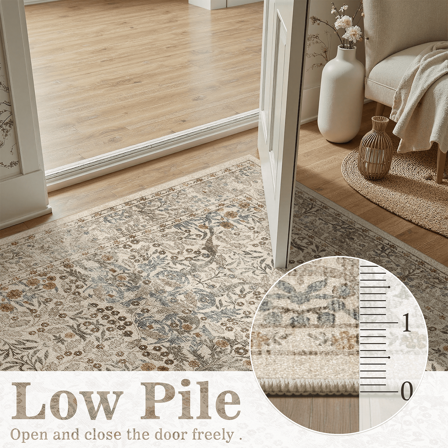 5x7 Area Rug, Machine Washable Non Slip Stain Resistant Soft Vintage Floral Rug, for Living Room, Dining Room, Soft Low Pile Large Carpet-Beige