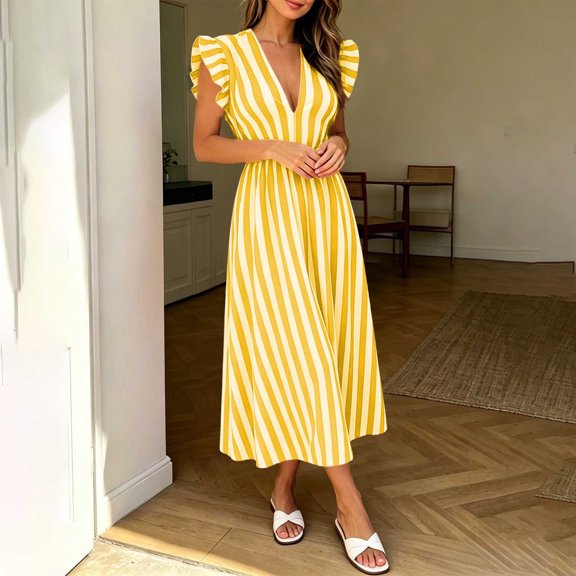 Ovbmpzd Maxi Summer Dresses for Women 2026 Yellow Tea-Length Striped Peasant Dresses V-Neck Casual Sleeveless Dresses Dresses,S
