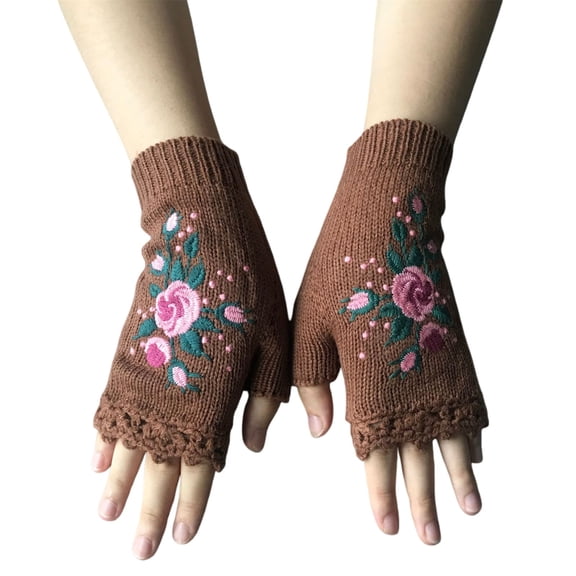 Dyfzdhu Gloves Fashion Hand Embroidered Knitted Flower Fingerless One Size