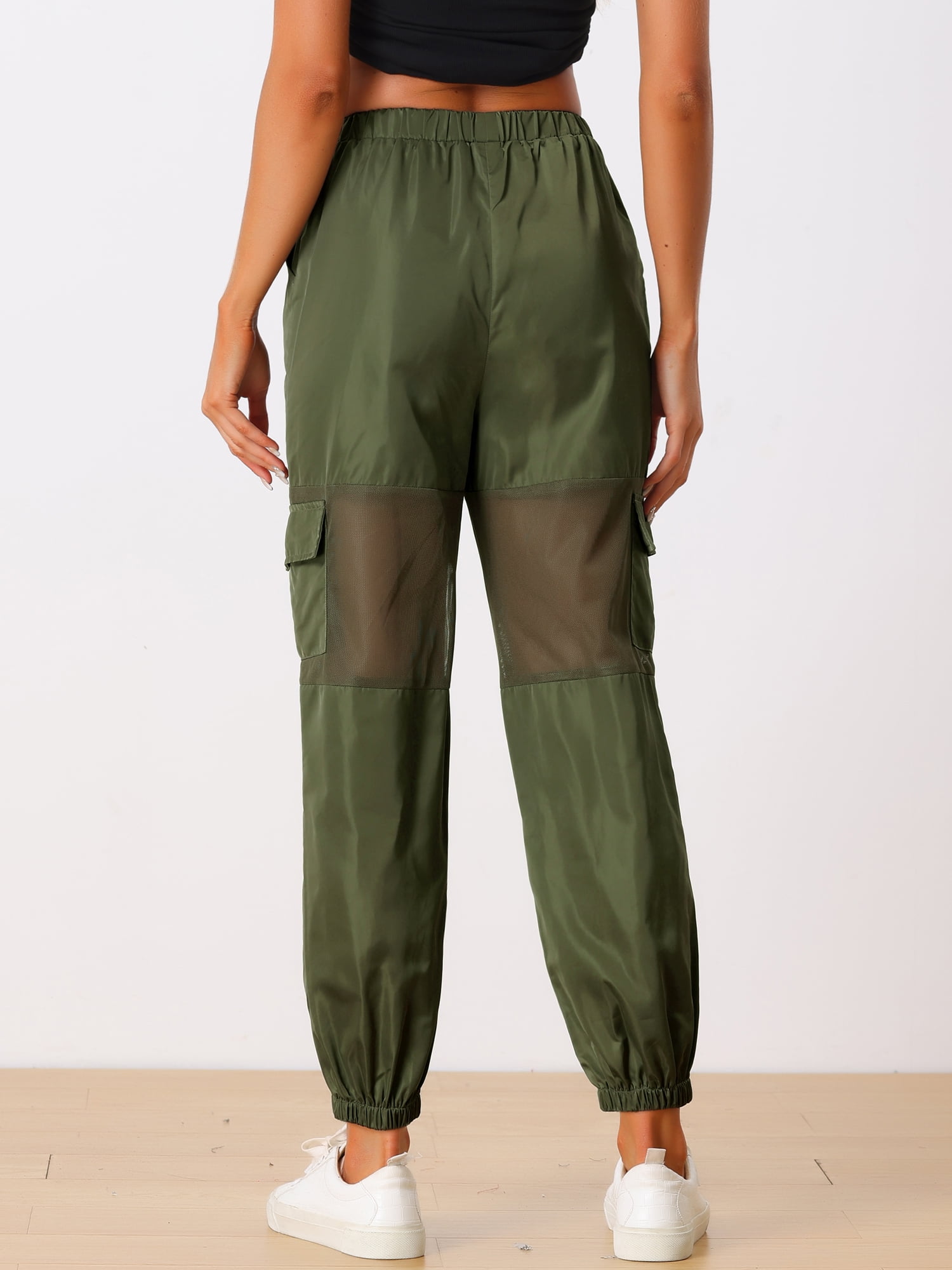 DARING DIVA Women's High Waist Mesh Panel Sheer Baggy Cargo Pants M Army Green