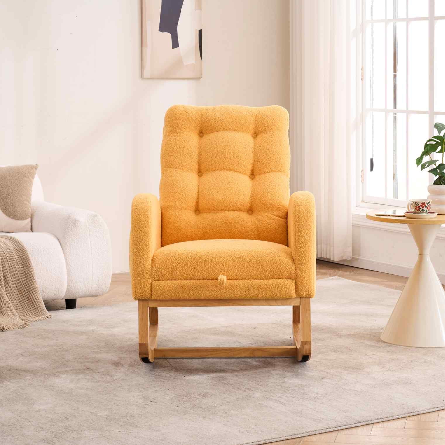 Timbernest Accent Rocking Chair with Footrest, High Back, Rubberwood Rocking Legs for Nursery, Living Space, Teddy Yellow
