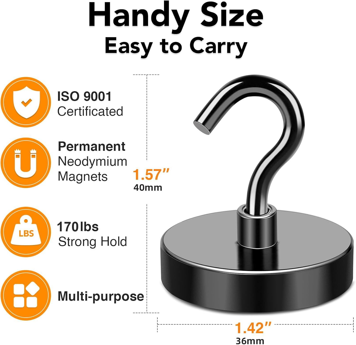 RGHJAR-Magnetic Hooks Heavy Duty, 170LB+ Strong Black Magnets Hooks for Refrigerator, Rare Earth Neodymium Hooks with Epoxy Coating, Cruise Magnets with Hook for Hanging, Garage - 6 Pack