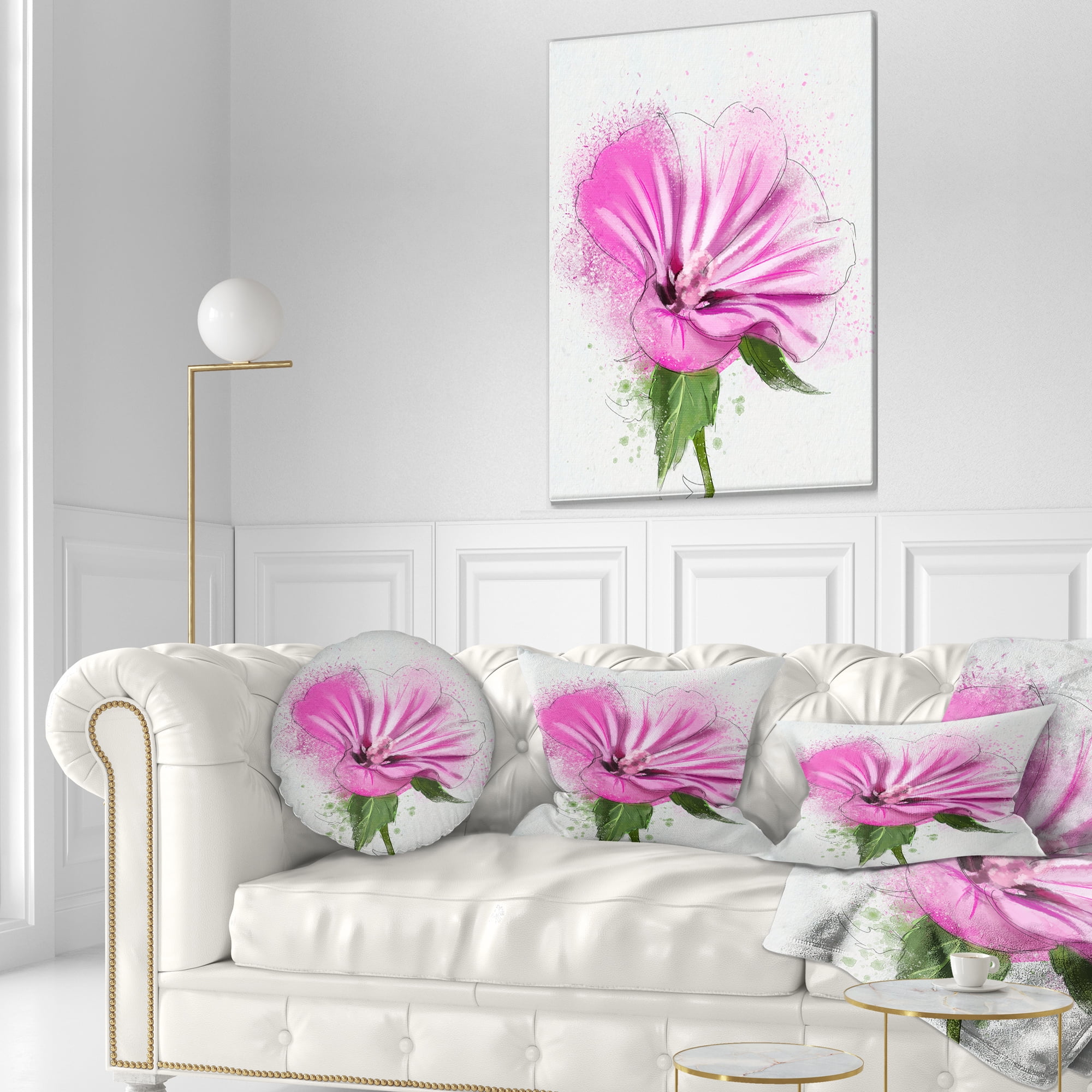 Designart Full Bloom Pink Flower with Leaves - Floral Throw Pillow - 12x20