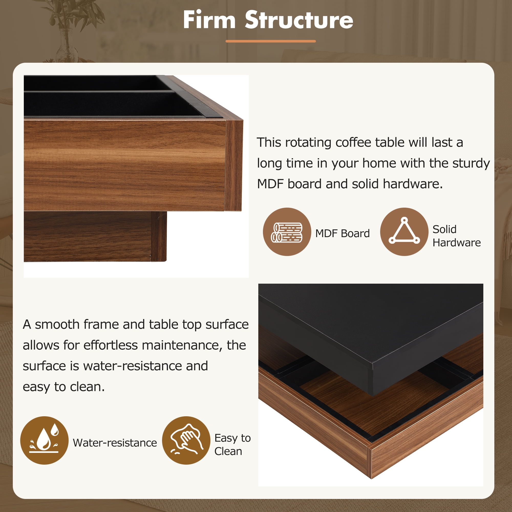 EUROCO Modern 27.5" 360°Rotating Coffee Table with 3 Detachable Tray, 2-Tier Farmhouse Wood Center Table with Storage for Living Room, Black