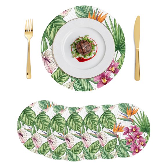 Round Placemats Tropical Flowers Botanical 15 inch Set of 6 Table Mats for Dining Table Country Green Leaves Bird of Paradise Heat Resistant Non-Slip Kitchen & Home Decorative Place Mat Set