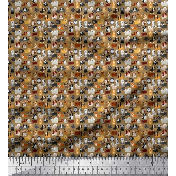 Soimoi Crepe Silk Fabric Paw & Puppies Cartoon Print Fabric by The Yard 42 Inch Wide