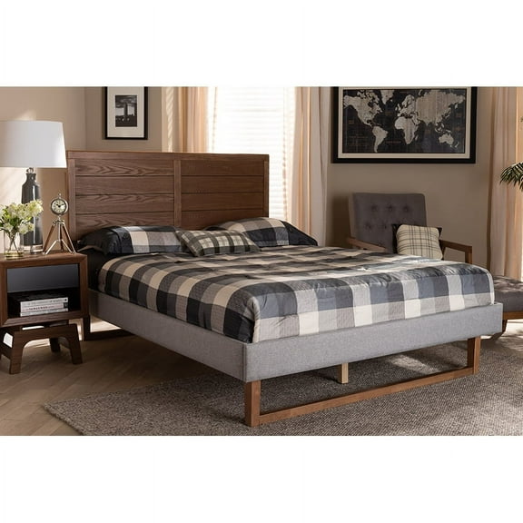 Baxton Studio Claudia Rustic Modern Light Grey Fabric Upholstered and Walnut Brown Finished Wood Queen Size Platform Bed