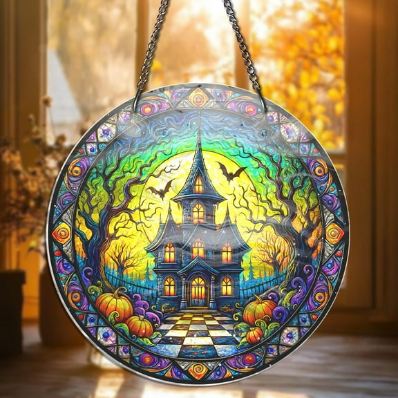 Halloween Haunted Mansion Stained Glass Suncatcher Gothic Victorian House Window Hanging Spooky Halloween Decor Witchy Autumn Home Accent