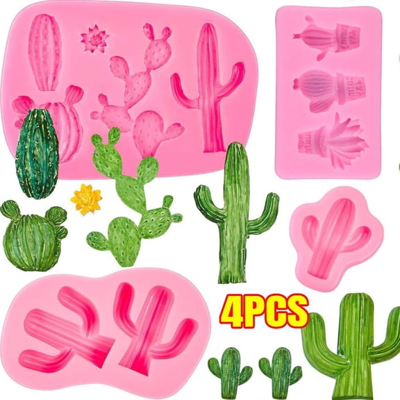 4PCS Cactus Silicone Fondant Mold Cacti Chocolate Candy Mold for Chocolate Candy Fondant Gum Paste Sugar Craft Cake Topper Decorating Tools