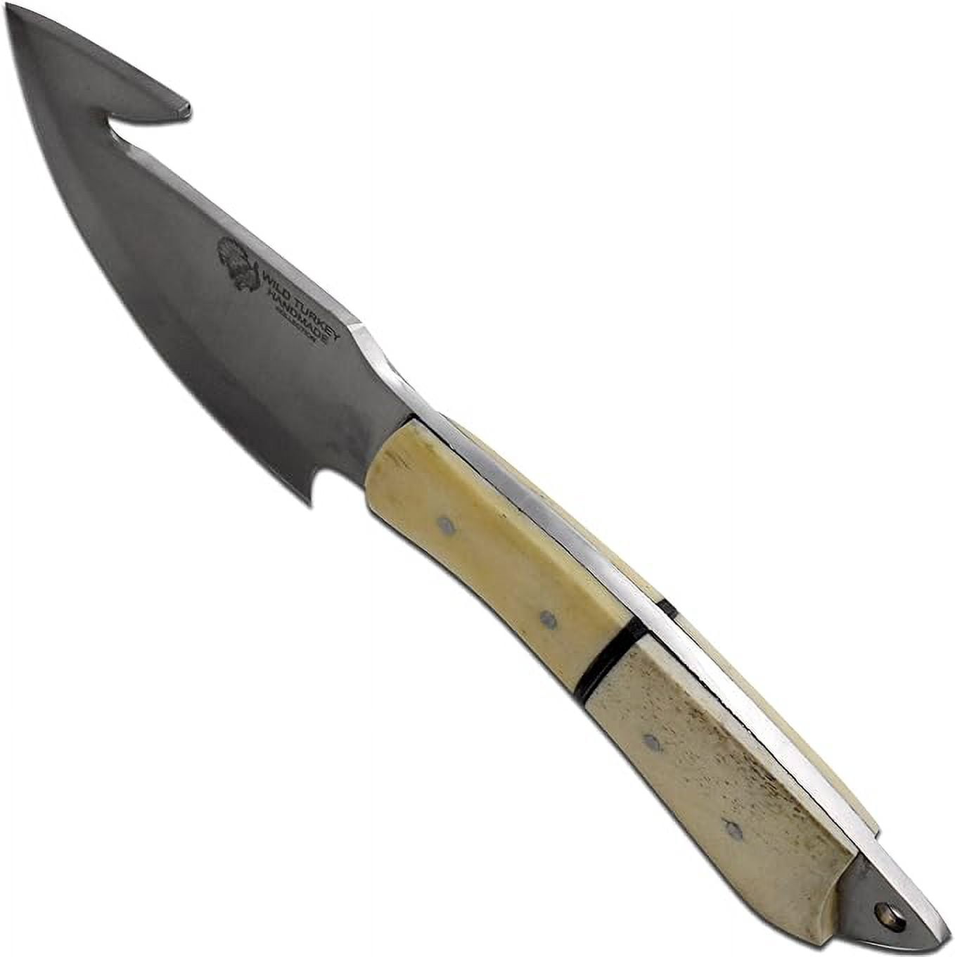 Wild Turkey Handmade 9.5" Bone Handle Gut Hook Skinner Knife with Leather Sheath
