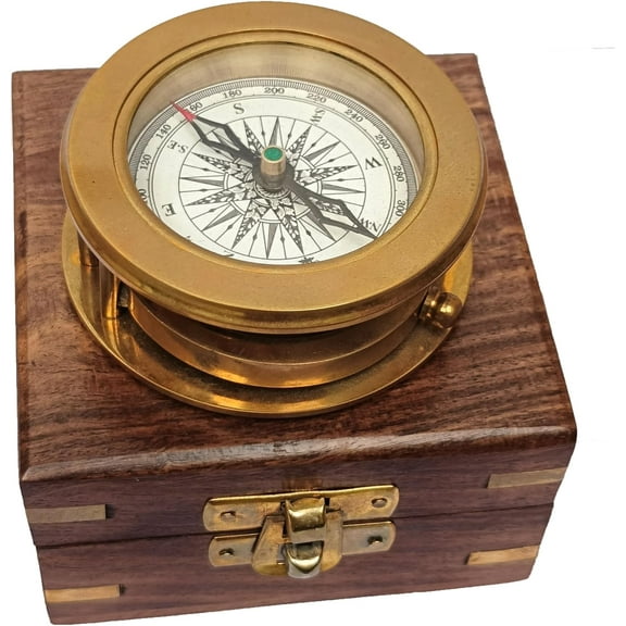Vintage Wooden Box Compass, Decorative Nautical Gift for Dad