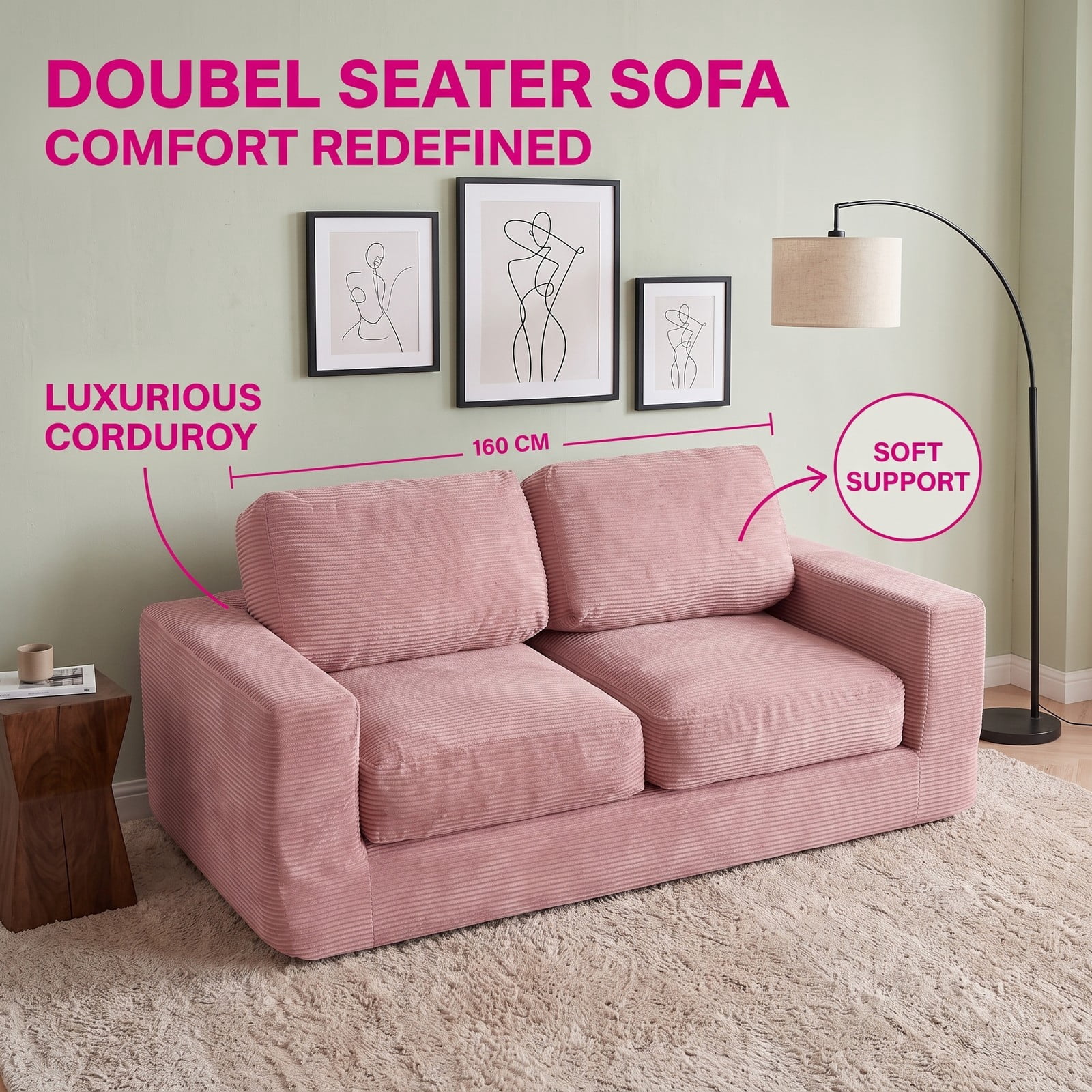 Furnibear 2-Seater Floor Couch Loveseat, Convertible Foam Sofa Lazy Couch with Removable Corduroy Cover, High-Density Sponge Filled Sofa Bed for Living Room, Pink