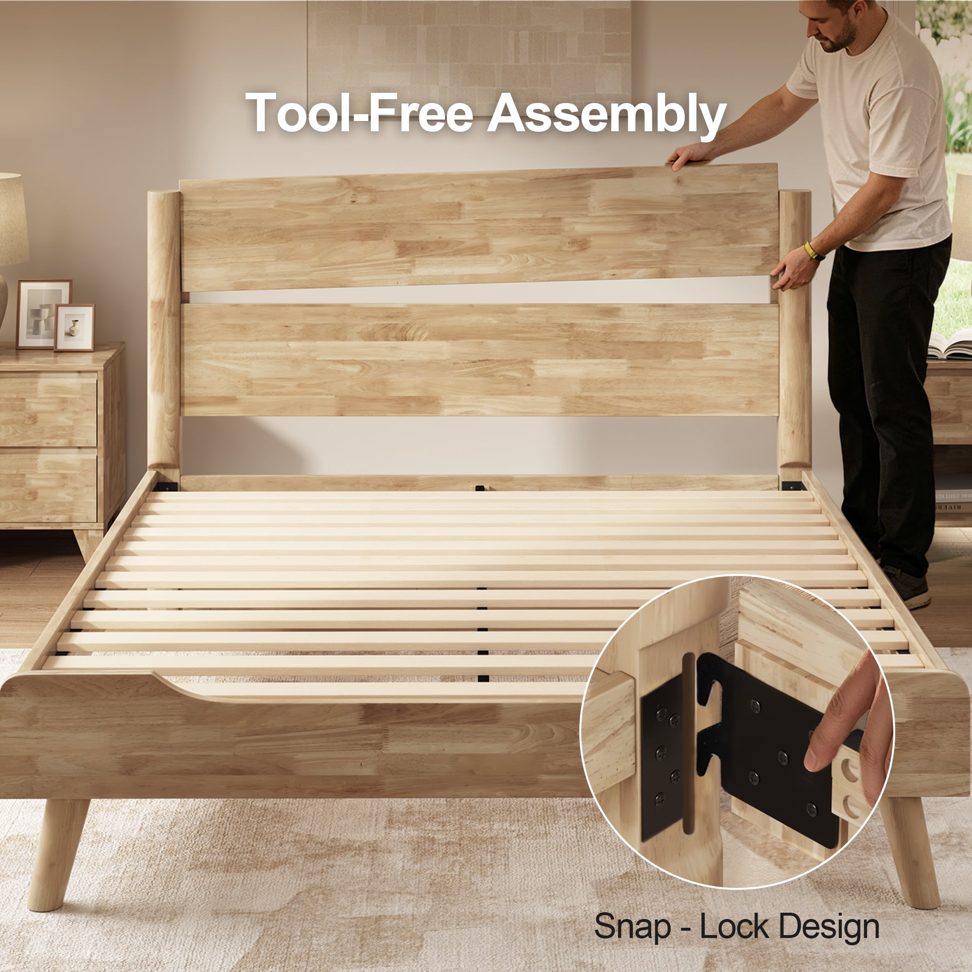 FLEXISPOT Queen Size Solid Wood Bed Frame with Headboard, No Tools Required, 1200 lbs Heavy Duty, Quiet Design, Easy Assembly, Maple