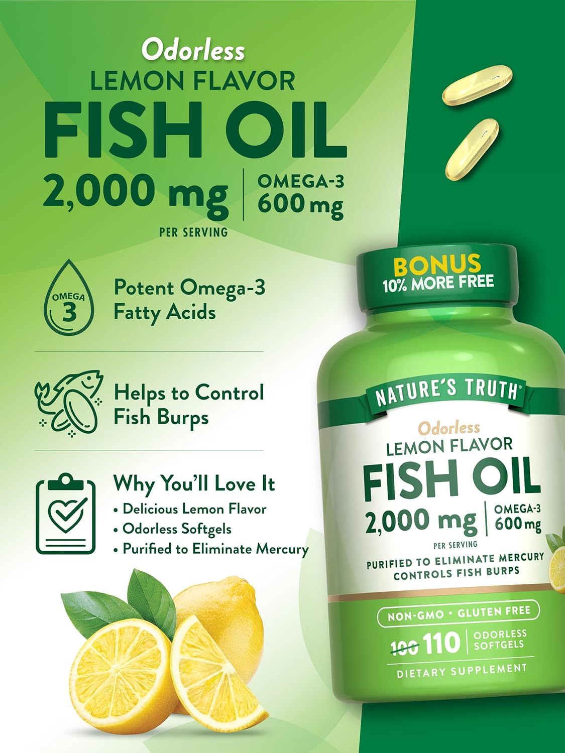 Odorless Fish Oil 2000mg | 110 Liquid Softgels | Omega 3, Burpless Supplement | by Nature's Truth