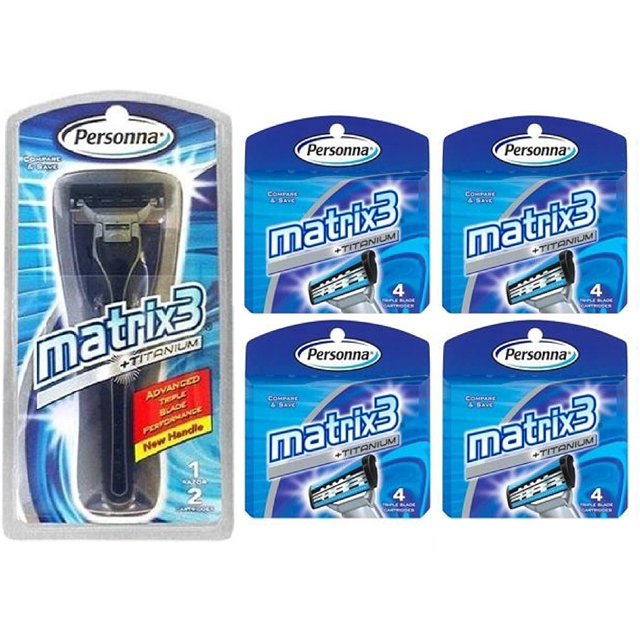 Personna Matrix3 Advanced Triple Blade Razor Handle + Matrix3 Titanium Triple Blade Refill Cartridge Blades, 4 Ct. (Pack of 4)