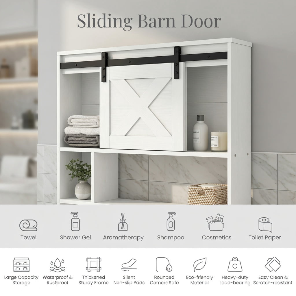 Hommoo 4-Tier Over-the-Toilet Storage Cabinet with Sliding Barn Door, Engineered Wood Bathroom Organizer Shelf, White