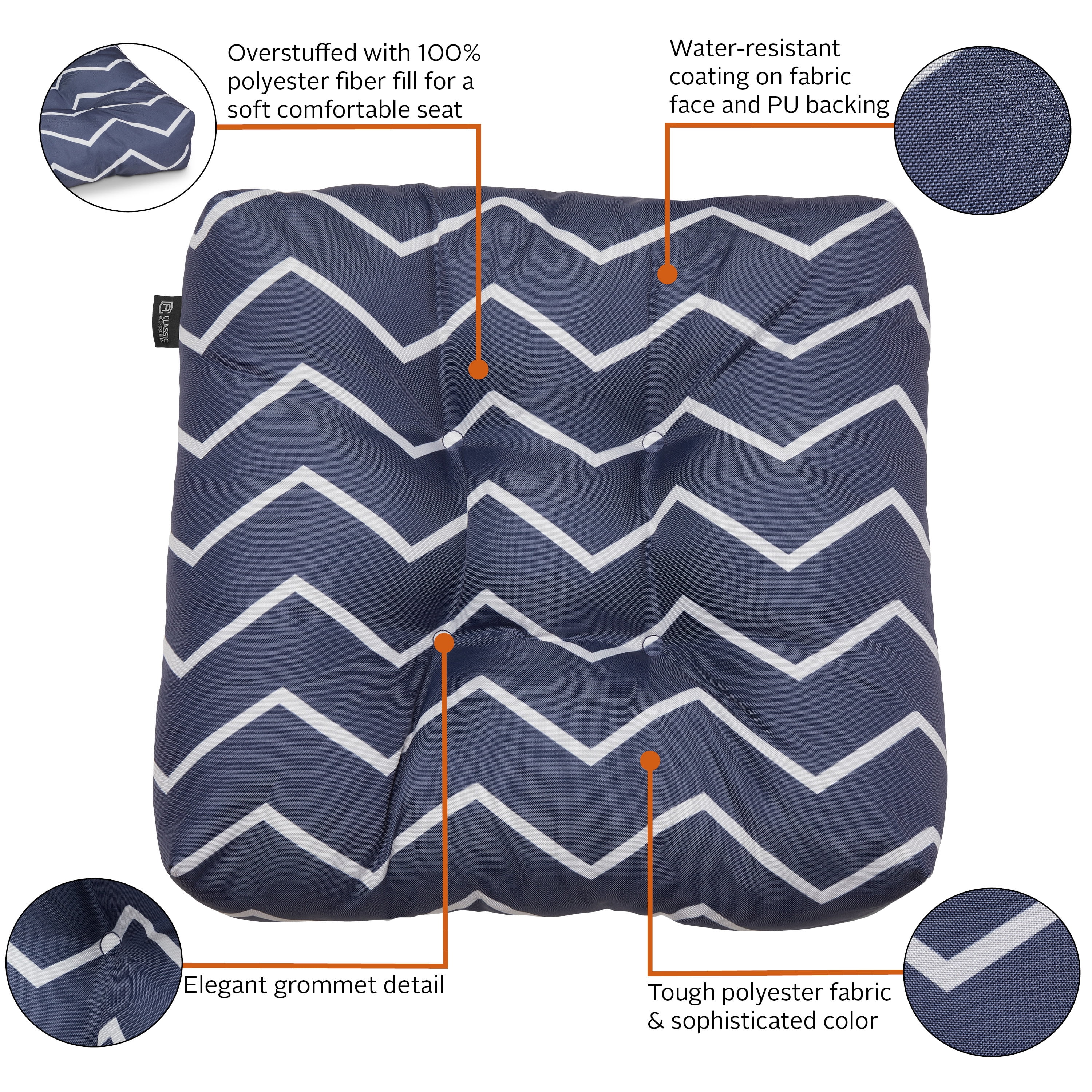Classic Accessories Water-Resistant 19 x 19 x 5 Inch Square Patio Seat Cushion, Navy Chevron, 2-Pack