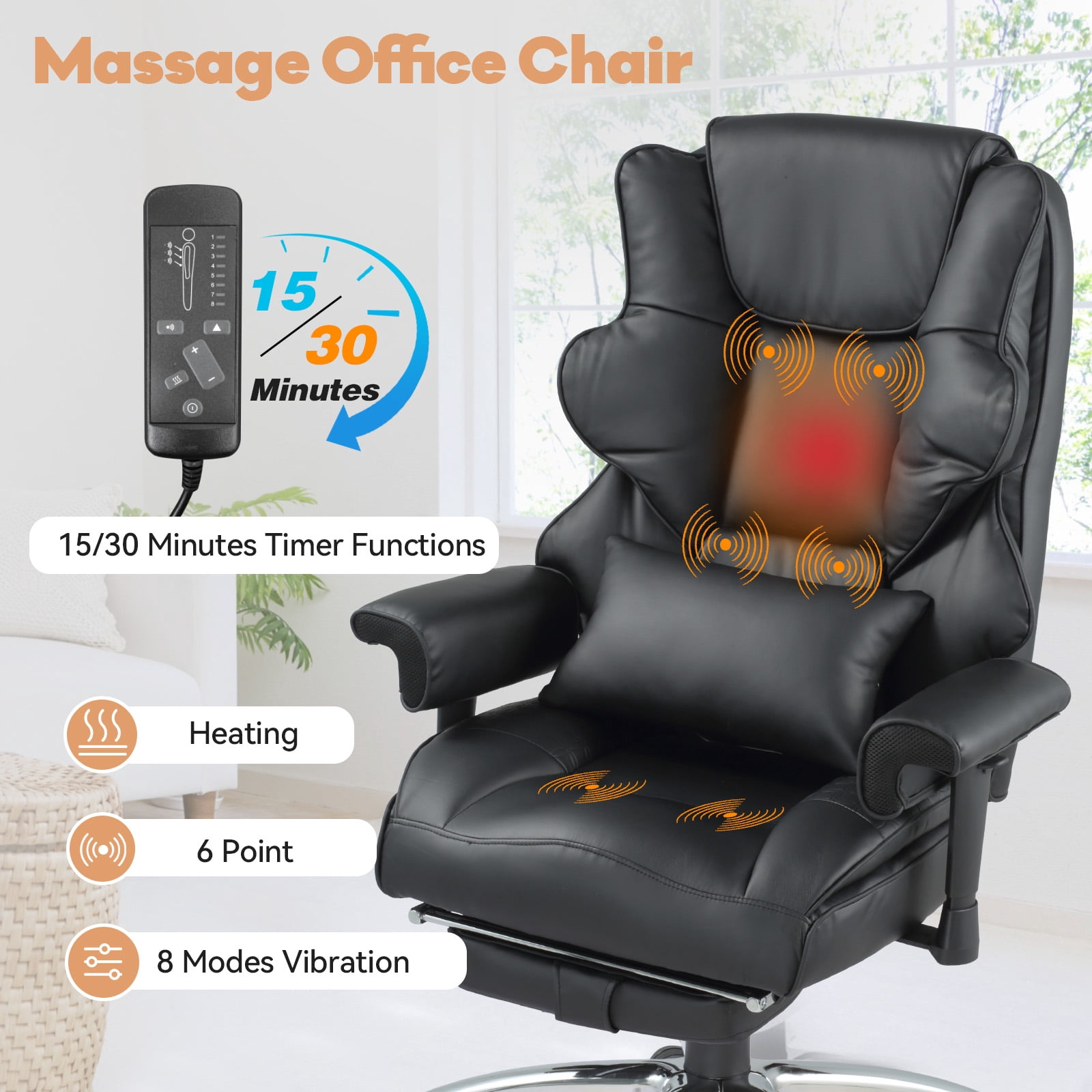 Vibrate Massage & Heating Office Chair with Foot Rest, Executive Office Chair with Reclining Backrest, Adjustable Arms & Lumbar Support, High Back Leather Desk Chairs for Home Office, Black