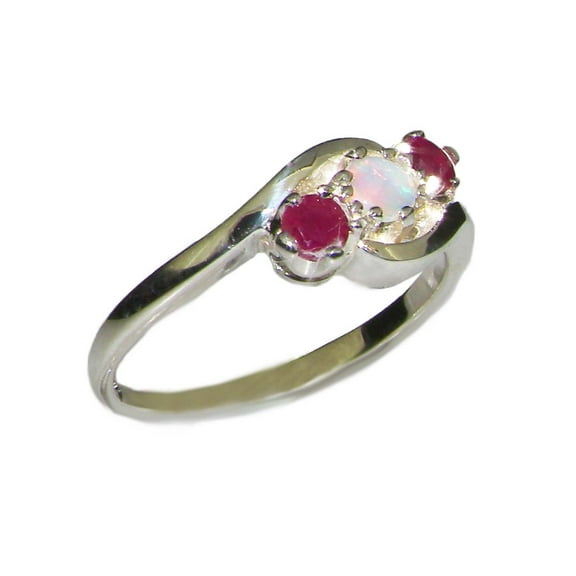 LBG British Made 10k White Gold Natural Opal & Ruby Womens Trilogy Ring - 33 size options - Size 12