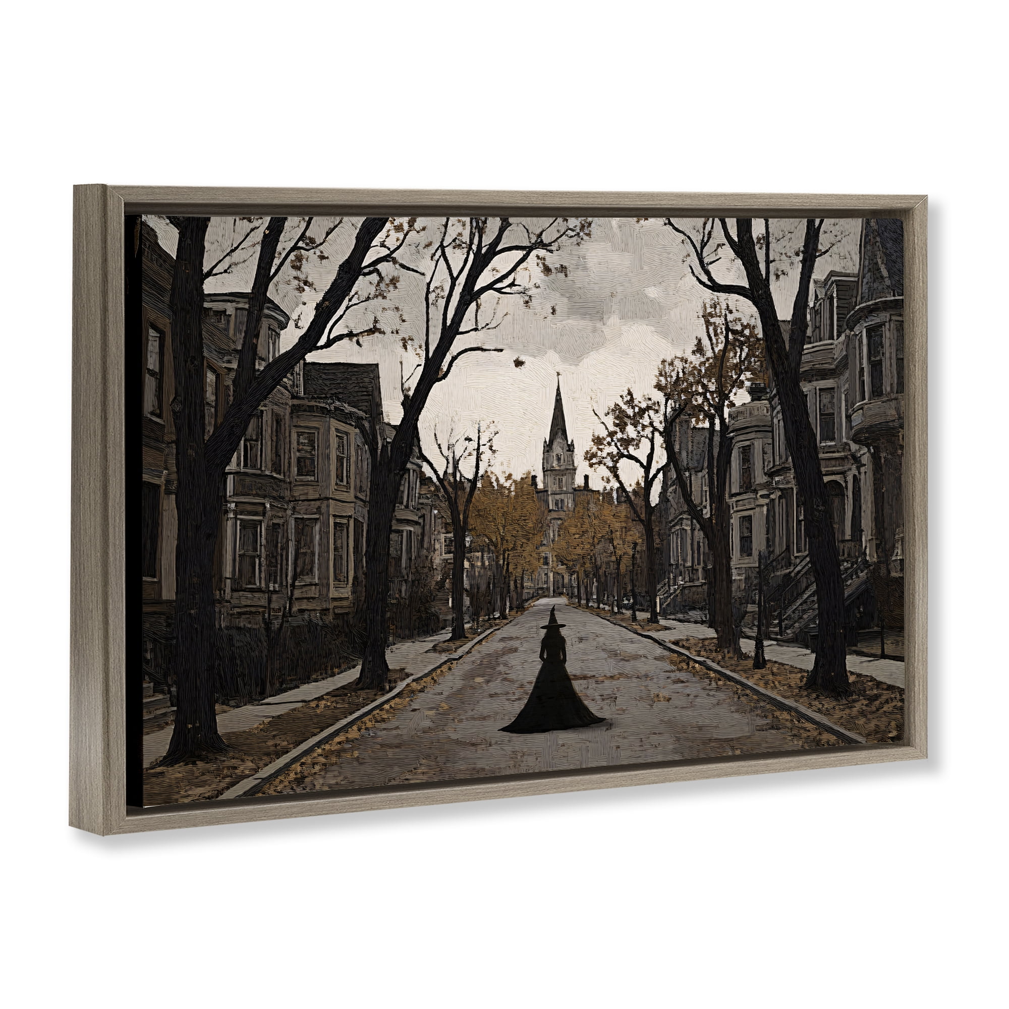 Stupell Industries Witch Strolling Town Streets Brown Framed Floater Canvas Wall Art, design by Jacky Ngan