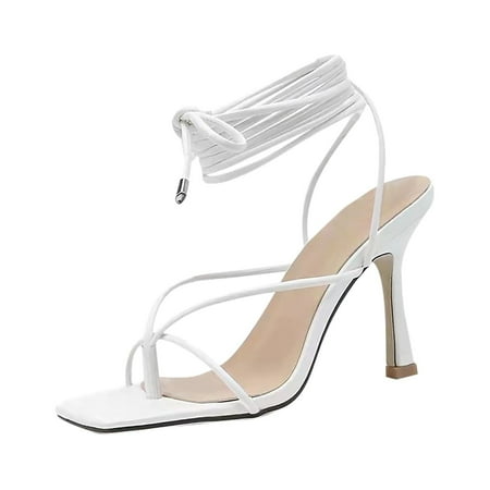 

Babysbule Womens Shoes Clearance Summer Women Sandals Narrow Band Square Toe High Heels Cross Strap V Shape Shoes