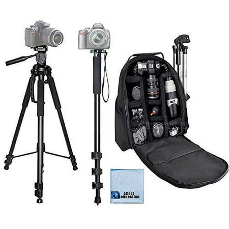 72 Inch Elite Series Full Size Camera Tripod + Pro Series 72 Monopod w/ Quick Release + Deluxe Digital Camera / Video Padded Backpack For Canon Cameras + eCostConnection Microfiber Cloth