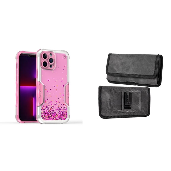 Case and Pouch Bundle for iPhone 14: Heavy Duty Armor Rugged Case (Pink Floating Hearts) and Rugged Denim Nylon Belt Holster (Grey)
