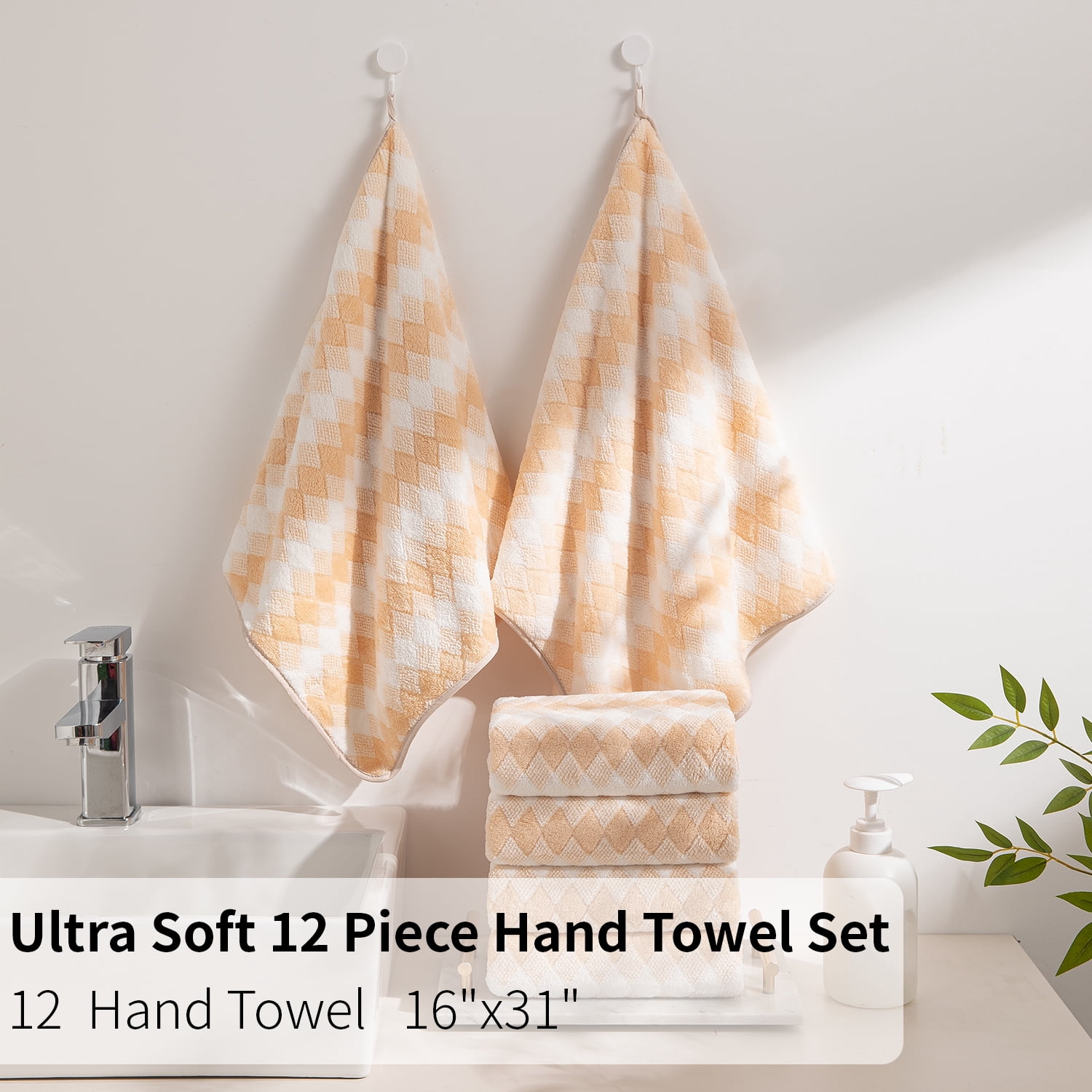 Beartech 12 Piece Hand Towel Set, Ultra Soft and Highly Absorbent Microfiber Towels 600GSM Quick Dry 16"x32" Hand Towels For Bathroom,kitchen-Apricot Yellow