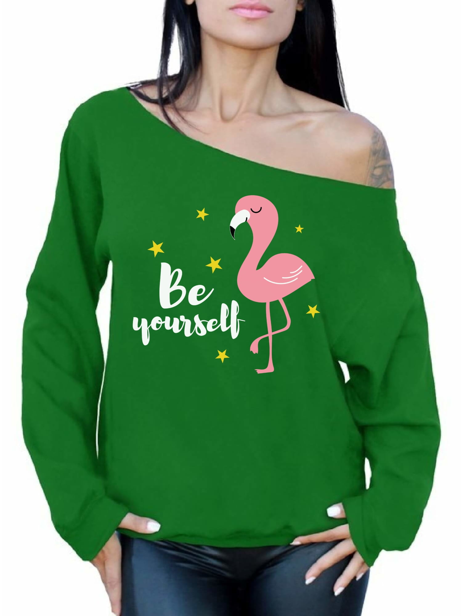 Awkward Styles Be Yourself Ladies Off Shoulder Sweater Summer Clothing for  Women Pink Flamingo Oversized Sweatshirt for Mom Funny Summer Clothes  Flamingo Off The Shoulder Sweatshirt for Women 