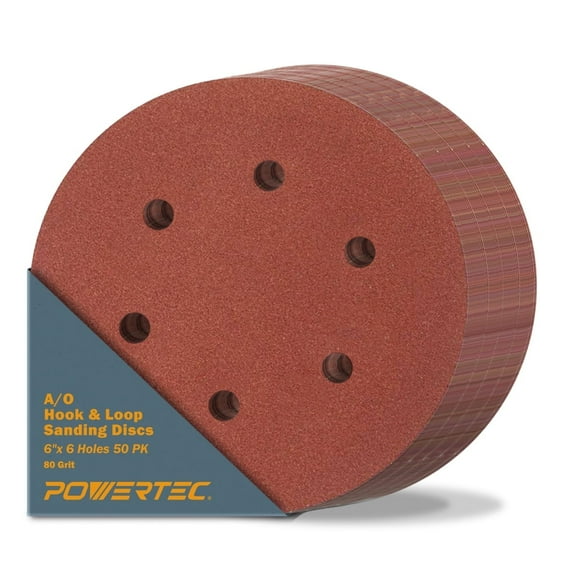POWERTEC 50PK 80 Grit, 6 Inch 6 Hole Hook and Loop Sanding Discs, Sandpaper for Random Orbital Sander, Air Sander, Pneumatic Sander, Dual Action Sander, 45208-P2
