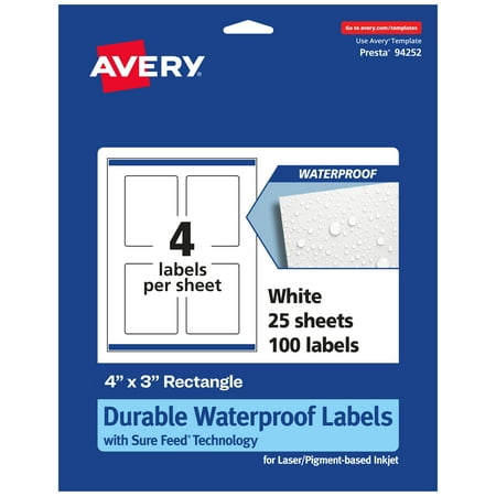 UPC: 0194793910001 | Avery Durable Waterproof Rectangle Labels with Sure Feed  4  x 3   100 Oil and Tear-Resistant Waterproof Labels  Print-to-the-Edge  Laser/Pigment-Based Inkjet Printable Labels