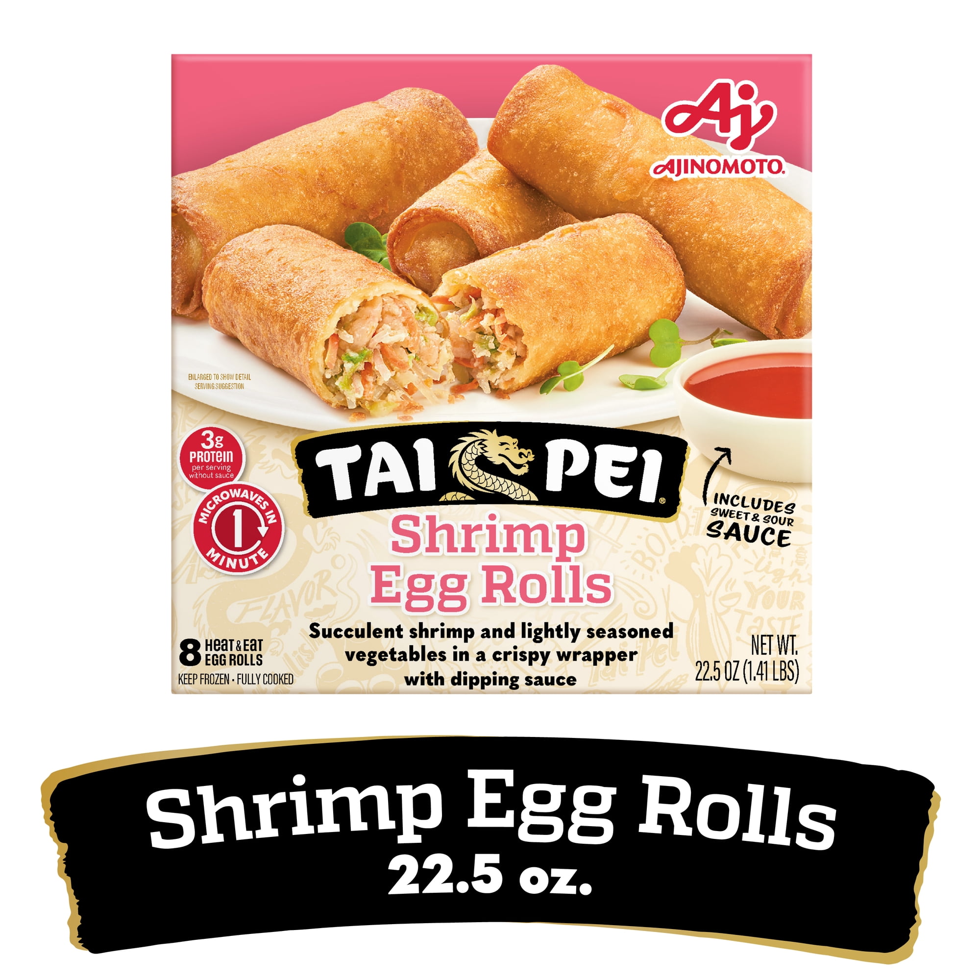 Tai Pei Shrimp Egg Rolls with Sauce, Frozen Asian Appetizers, 8 Ct, 22.5 oz