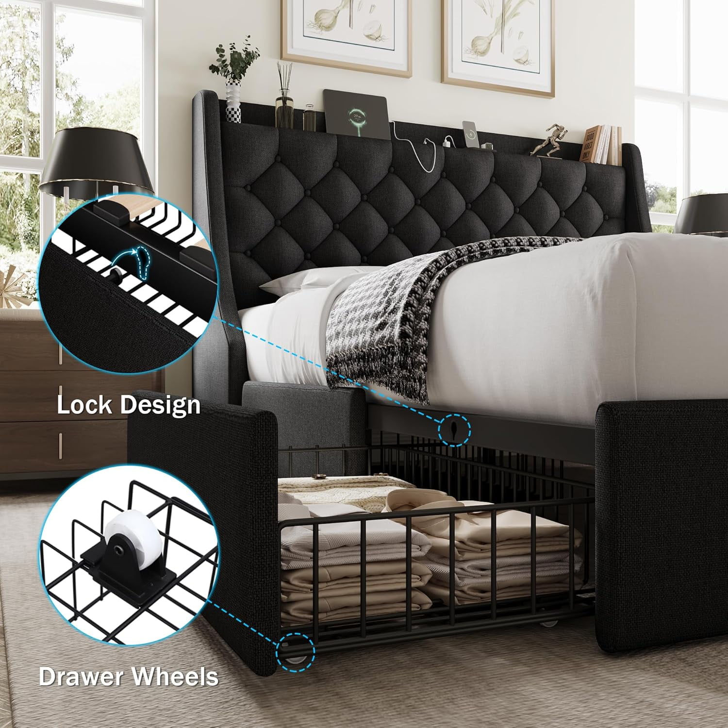 Galnfu Full Bed Frame with 4 Storage Drawers, Giant Upholstered Wingback Headboard, Fast Charging Station, No Box Spring Needed, Noise-Free,Black